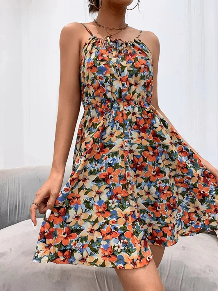 Floral Print Backless Sundress with empire waistline, spaghetti strap neckline, and A-LINE silhouette. Made from POLYESTER and SPANDEX blend, featuring lace-up detail. Perfect summer fashion from True Radiant Treasures.