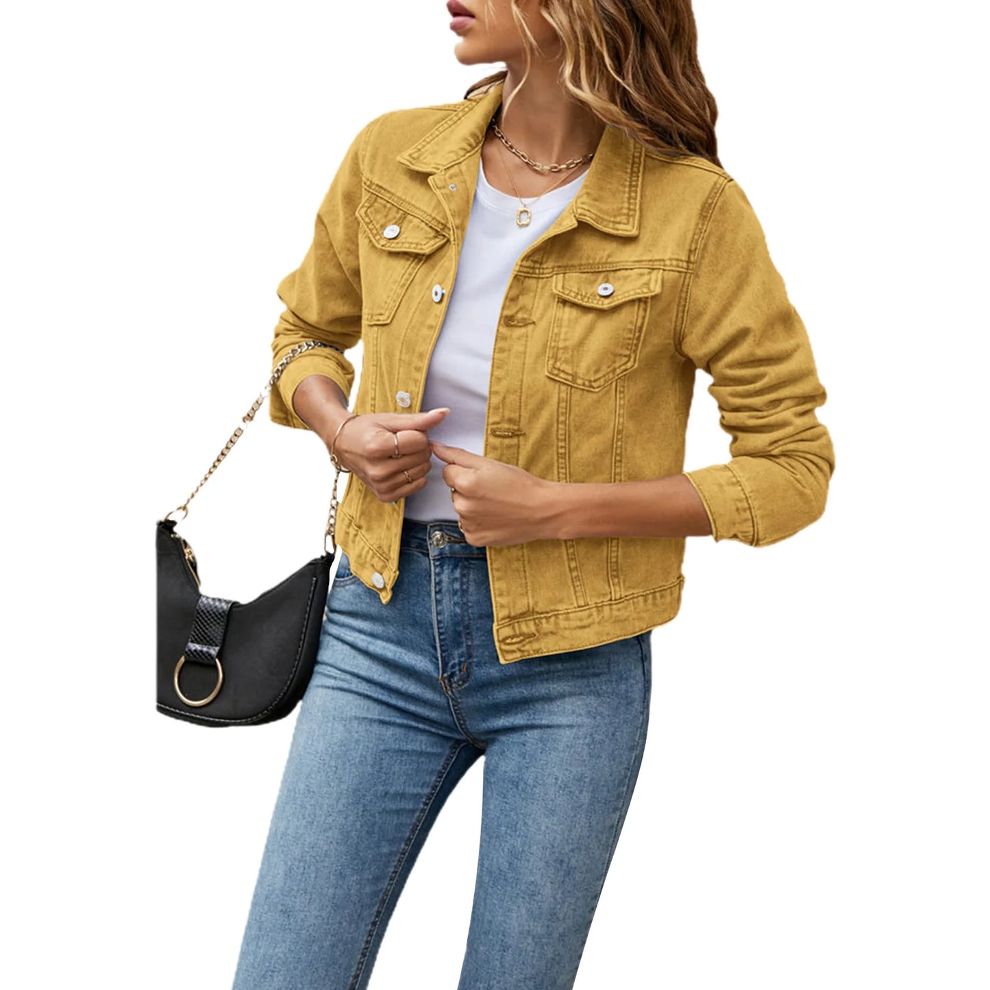 A slim-fit Ladies Denim Jacket in solid color, featuring full sleeves and a single-breasted closure. Crafted from a blend of cotton and polyester, perfect for casual wear. No hood or collar. Designed for women aged 25-34
