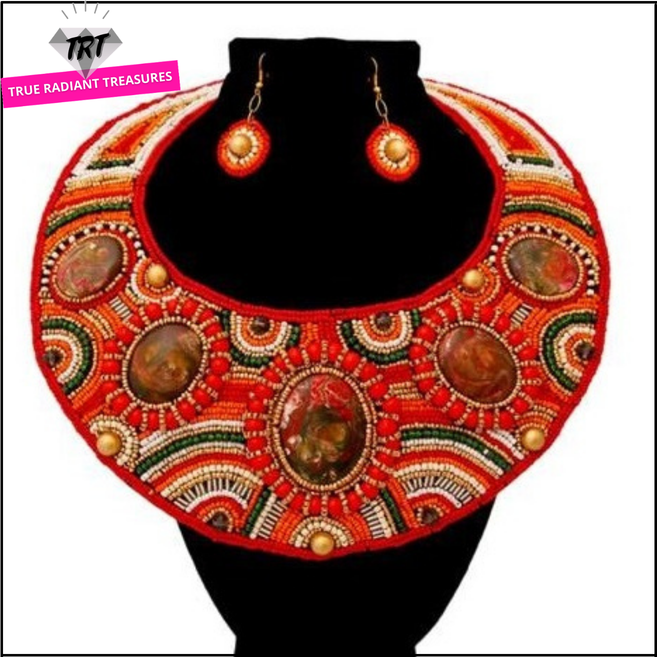 Bright orange circular design necklace to match orange, white, black or red dress for parties and formal occasions. TRT Accessories Collection.