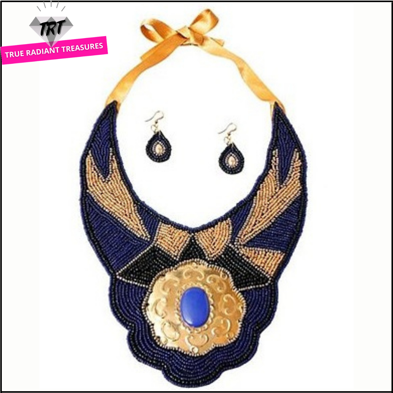 Necklace and earrings set to match blue or gold dress for parties and special occasions. TRT Accessories Collection.