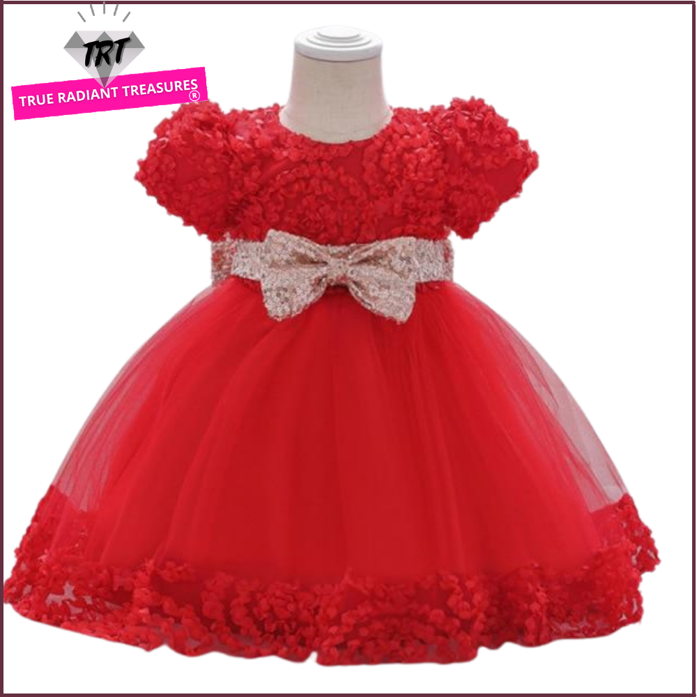 Flower Princess Dress - Adorable holiday dress with princess style, ribbons, and flowers, suitable for girls aged 0-6 months, 7-12 months, and 13-24 months.