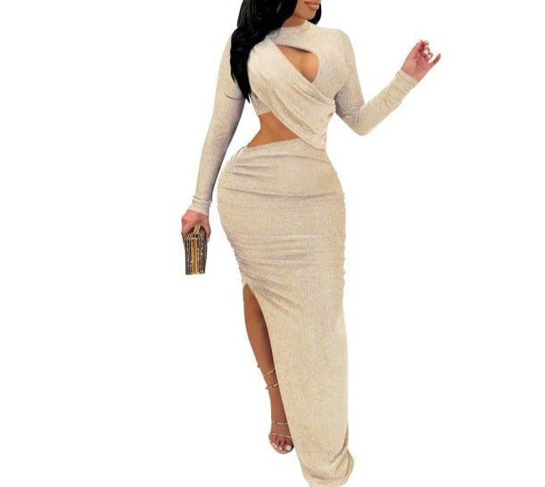 Image of Elegant Glitter Solid Ruched Sexy Dress with glitter design, perfect for special occasions, hugs body in all the right places, and can be paired with high heels or pumps for a feminine touch.