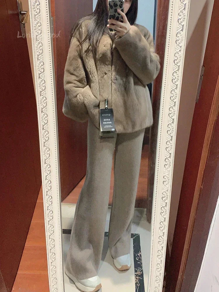 Women’s High-Waisted Loose Wool Wide-Leg Trousers featuring a high waist, button fly closure, and full-length, perfect for autumn and winter office wear.