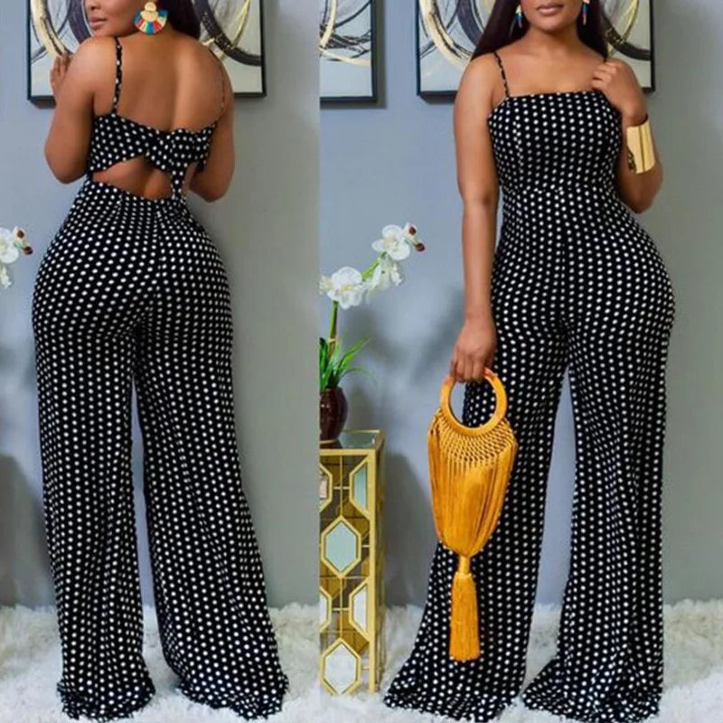 Backless polka dot high waist women's jumpsuit