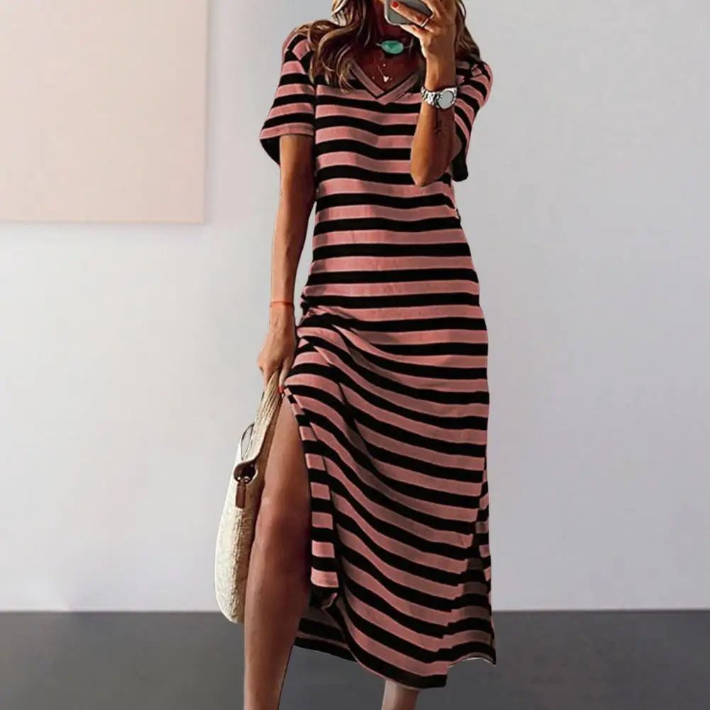 Plus Size Summer Maxi Dress with stripe print, V-neck, short sleeves, and mid-calf length – ideal for casual summer wear.