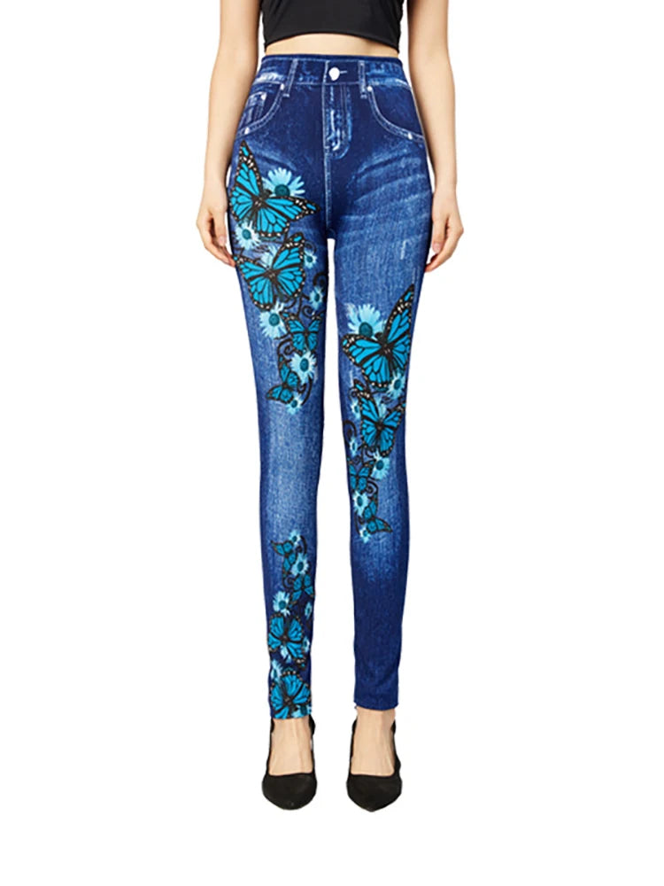 A pair of Butterfly Print High Waist Leggings featuring a geometric pattern. Made from a blend of polyester and spandex with high spandex content, perfect for all-season wear. Designed for middle-aged women. Ankle-length and high-waisted