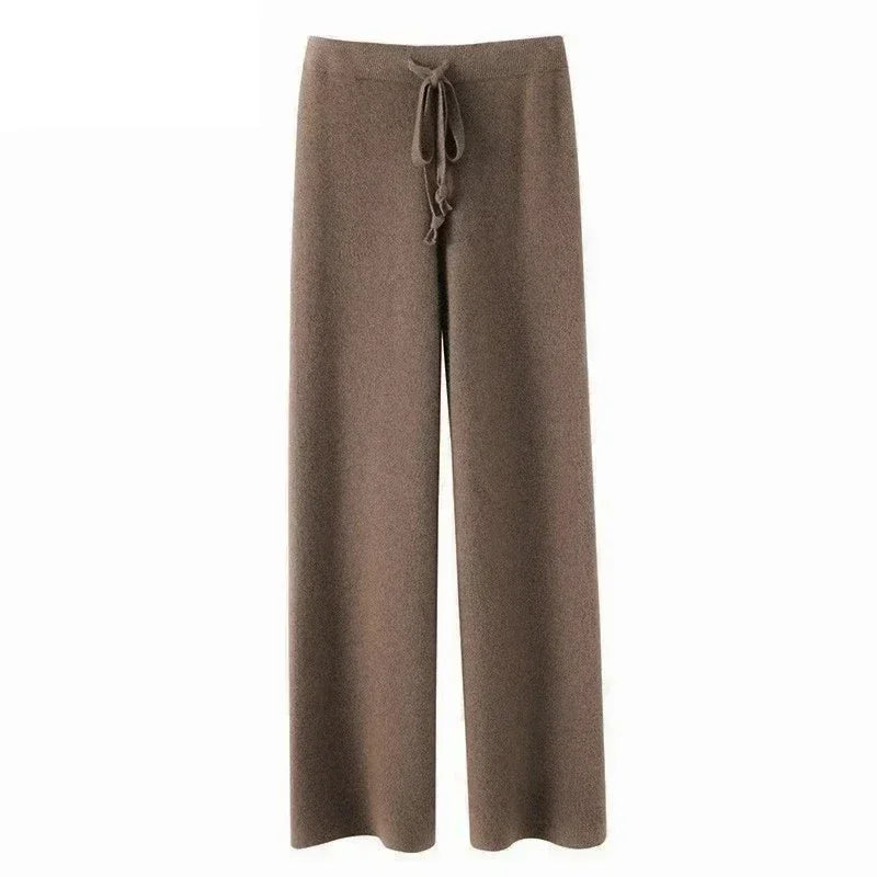Women’s High-Waisted Loose Wool Wide-Leg Trousers featuring a high waist, button fly closure, and full-length, perfect for autumn and winter office wear.