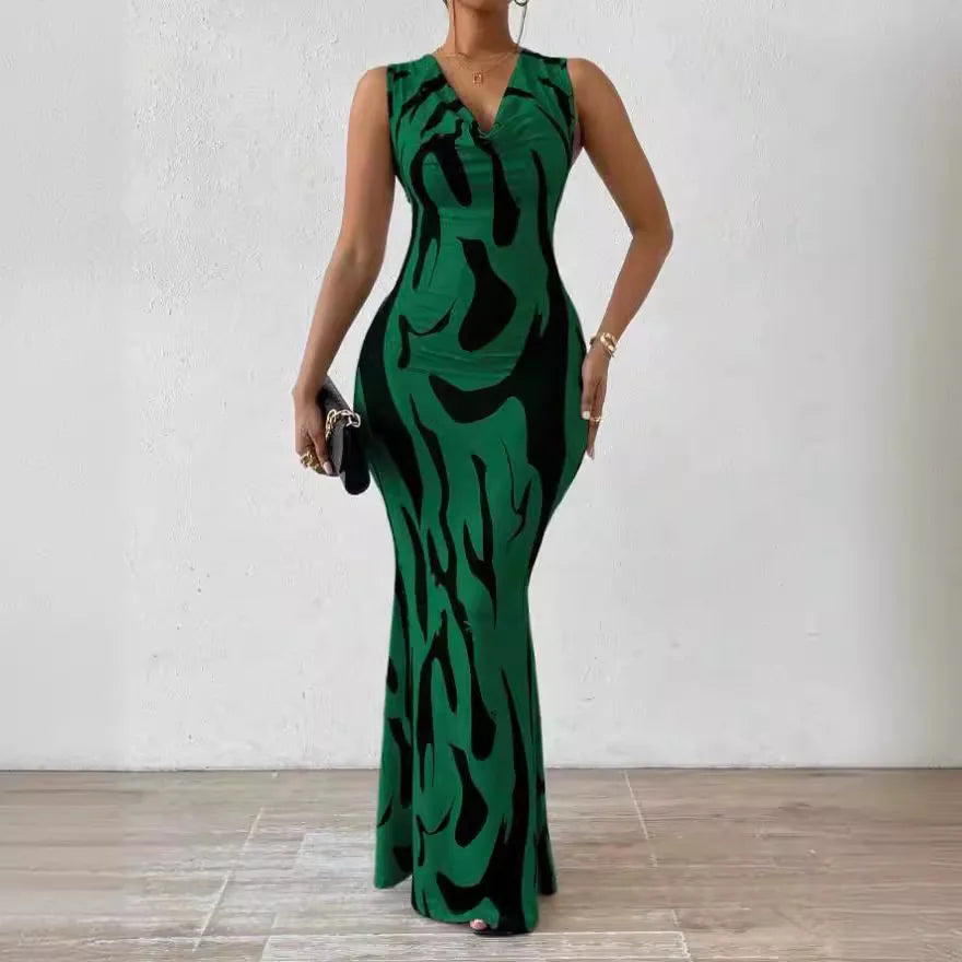 Woman wearing a sleeveless V-neck wrap midi dress with printed pattern, slim fit, ankle-length – elegant summer office style