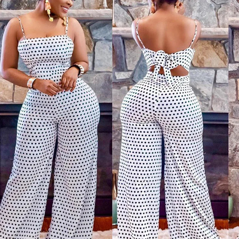 Backless polka dot high waist women's jumpsuit