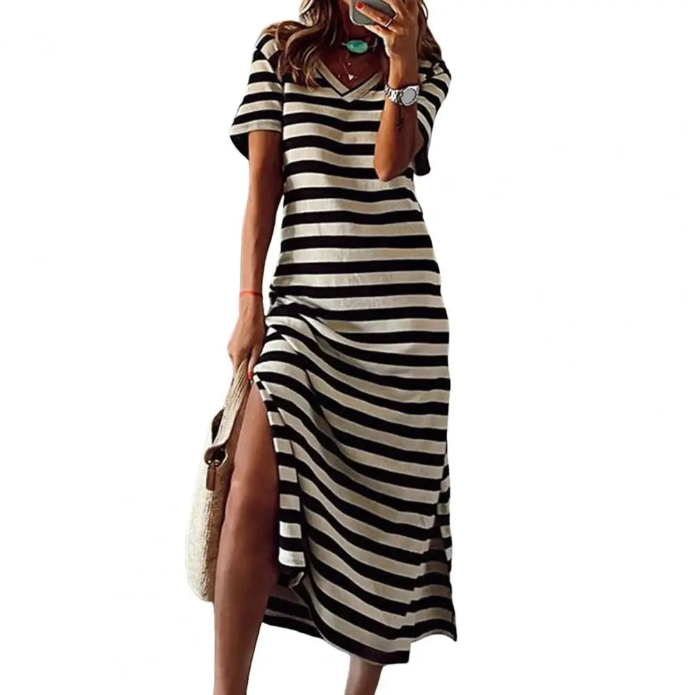 Plus Size Summer Maxi Dress with stripe print, V-neck, short sleeves, and mid-calf length – ideal for casual summer wear.