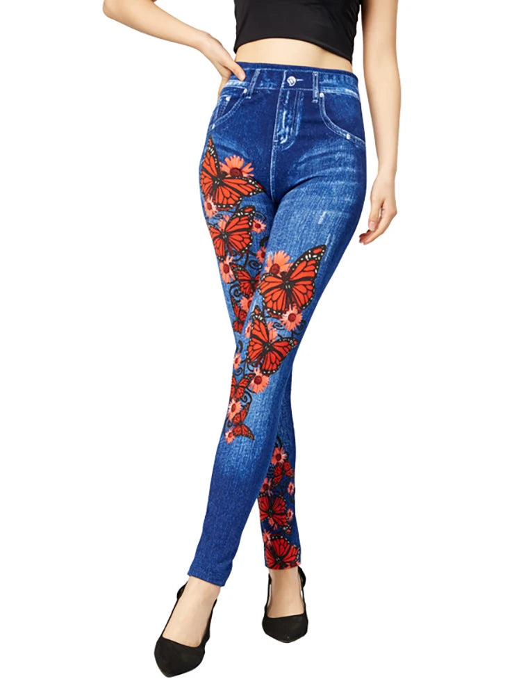 A pair of Butterfly Print High Waist Leggings featuring a geometric pattern. Made from a blend of polyester and spandex with high spandex content, perfect for all-season wear. Designed for middle-aged women. Ankle-length and high-waisted