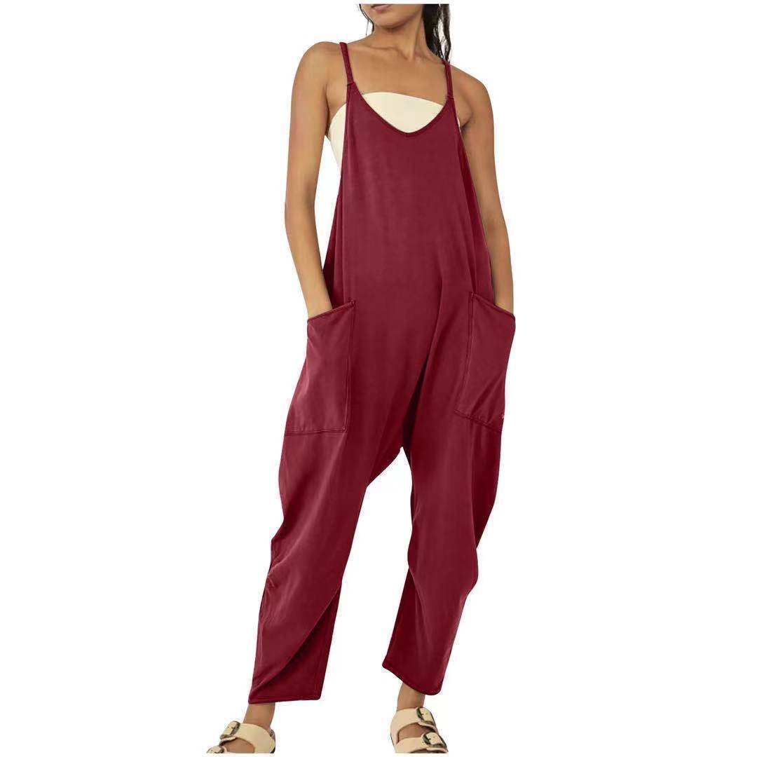 Women's Wide Leg Jumpsuit in solid patterns, loose fit, with pockets. Perfect for summer fashion. Available for women aged 18-24. Made from premium polyester fabric.