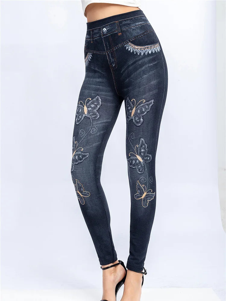 A pair of Butterfly Print High Waist Leggings featuring a geometric pattern. Made from a blend of polyester and spandex with high spandex content, perfect for all-season wear. Designed for middle-aged women. Ankle-length and high-waisted