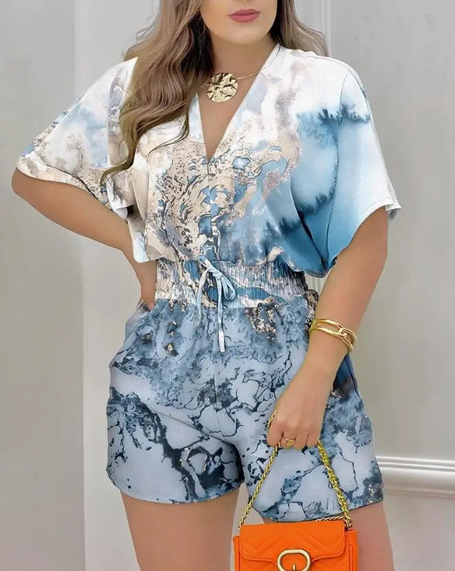 Summer Batwing Sleeve Jumpsuit in POLYESTER broadcloth, featuring a high street design, mid-waist, and pencil pants pattern. Loose fit with shirred decoration. Ideal summer fashion for women.
