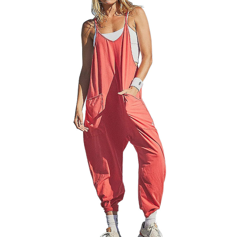 Women's Wide Leg Jumpsuit in solid patterns, loose fit, with pockets. Perfect for summer fashion. Available for women aged 18-24. Made from premium polyester fabric.