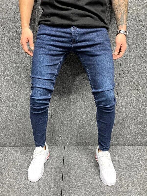 Men's Fashion Street Style Ripped Skinny Jeans with stonewashed and distressed details. Perfect for spring and autumn street style.