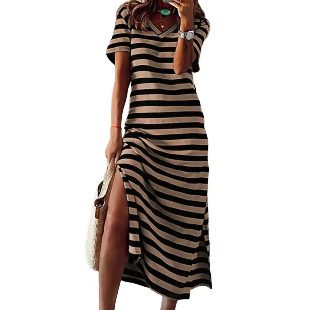 Plus Size Summer Maxi Dress with stripe print, V-neck, short sleeves, and mid-calf length – ideal for casual summer wear.
