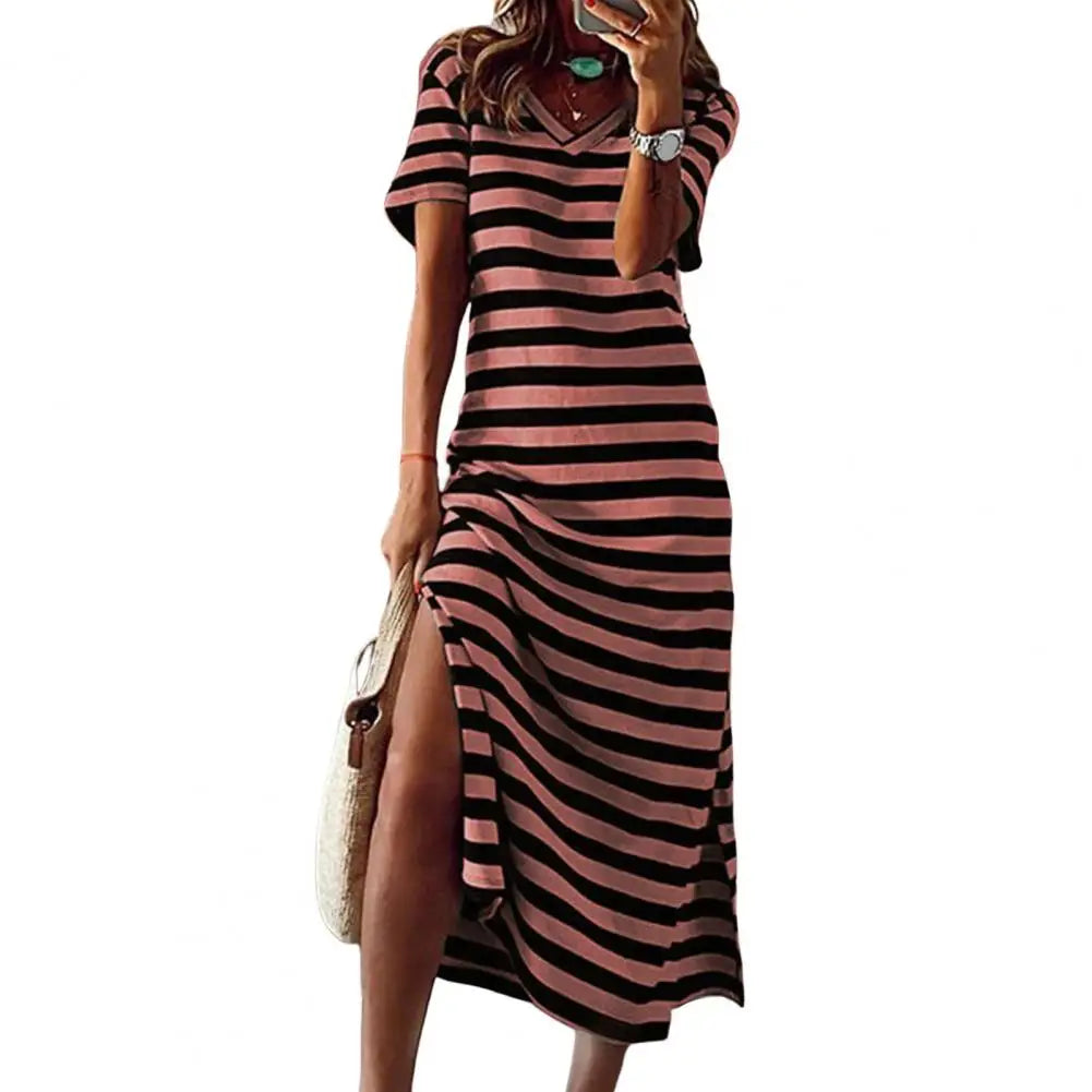 Plus Size Summer Maxi Dress with stripe print, V-neck, short sleeves, and mid-calf length – ideal for casual summer wear.