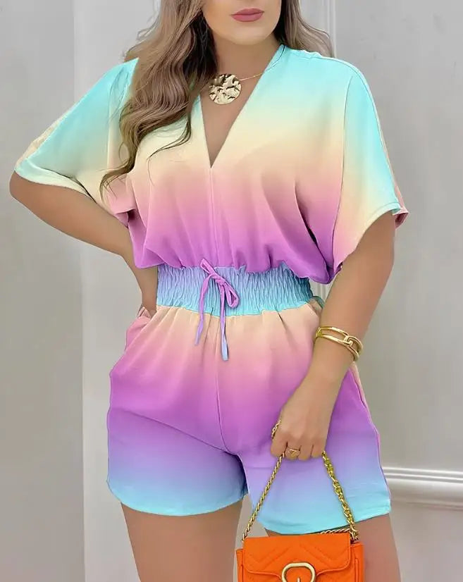 Summer Batwing Sleeve Jumpsuit in POLYESTER broadcloth, featuring a high street design, mid-waist, and pencil pants pattern. Loose fit with shirred decoration. Ideal summer fashion for women.