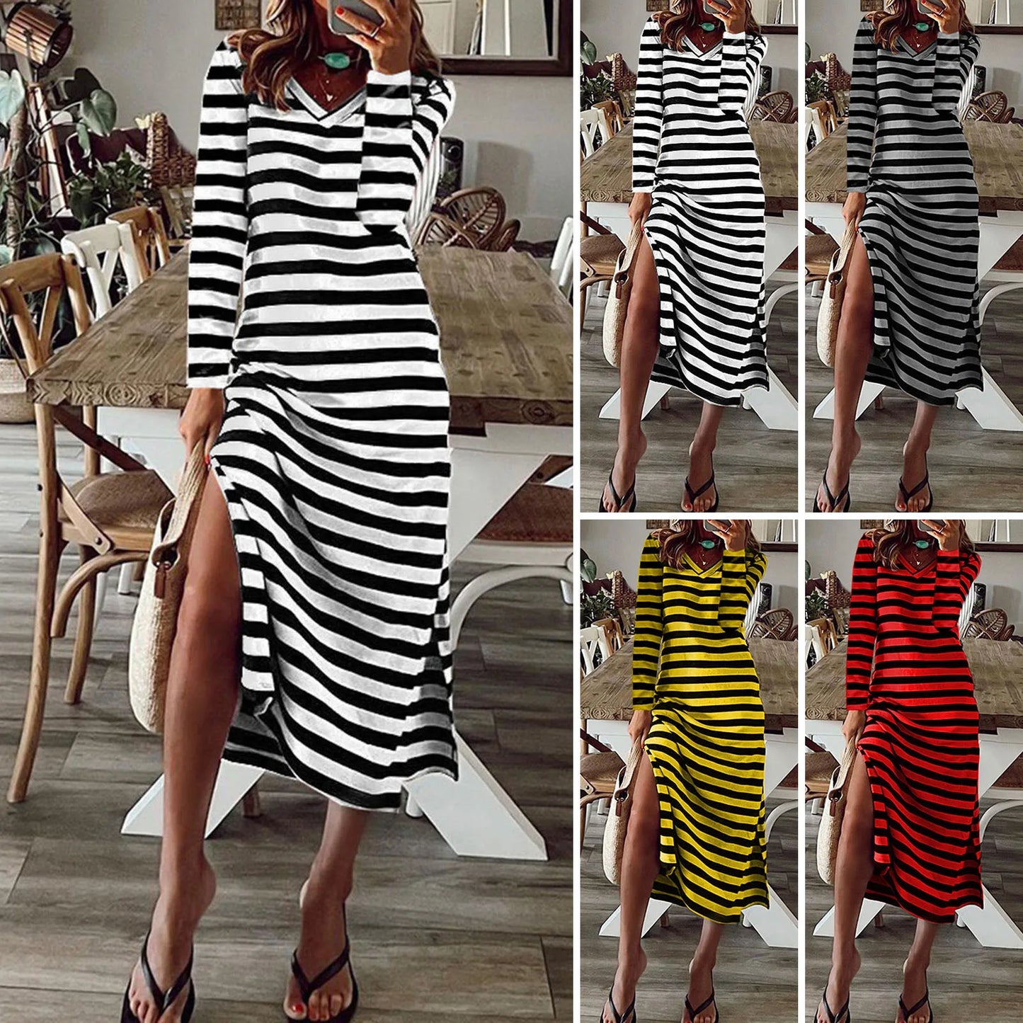 Plus Size Summer Maxi Dress with stripe print, V-neck, short sleeves, and mid-calf length – ideal for casual summer wear.