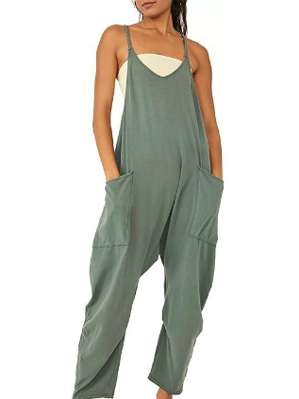 Women's Wide Leg Jumpsuit in solid patterns, loose fit, with pockets. Perfect for summer fashion. Available for women aged 18-24. Made from premium polyester fabric.