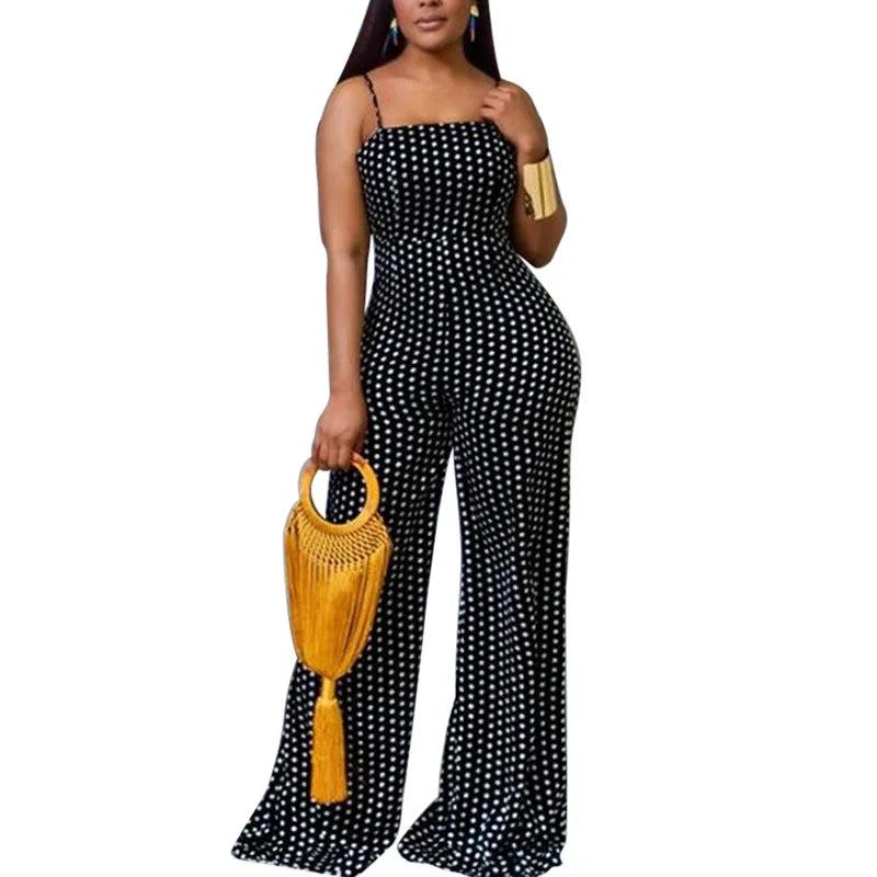 Backless polka dot high waist women's jumpsuit - black