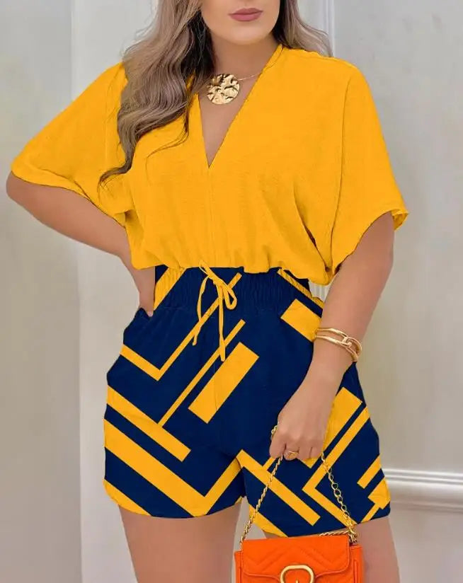 Summer Batwing Sleeve Jumpsuit in POLYESTER broadcloth, featuring a high street design, mid-waist, and pencil pants pattern. Loose fit with shirred decoration. Ideal summer fashion for women.