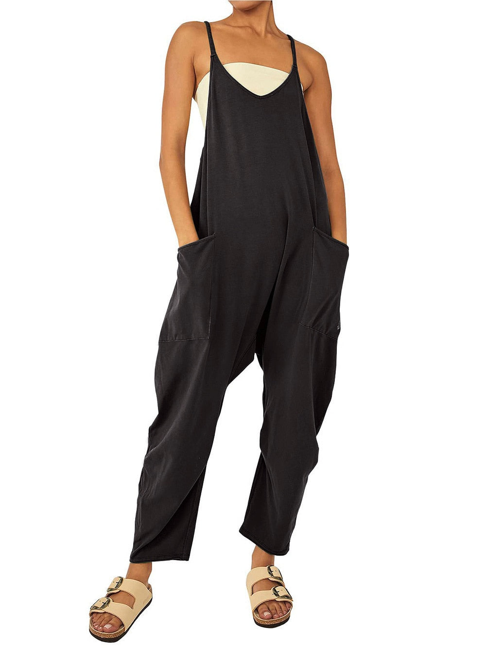 Women's Wide Leg Jumpsuit in solid patterns, loose fit, with pockets. Perfect for summer fashion. Available for women aged 18-24. Made from premium polyester fabric.