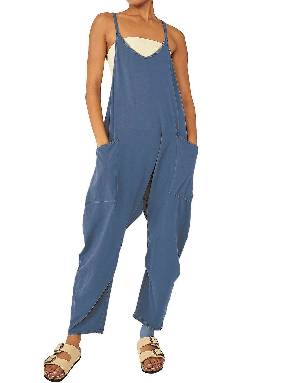 Women's Wide Leg Jumpsuit in solid patterns, loose fit, with pockets. Perfect for summer fashion. Available for women aged 18-24. Made from premium polyester fabric.