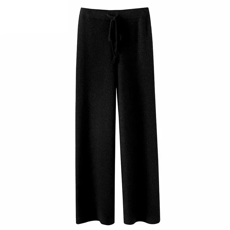 Women’s High-Waisted Loose Wool Wide-Leg Trousers featuring a high waist, button fly closure, and full-length, perfect for autumn and winter office wear.