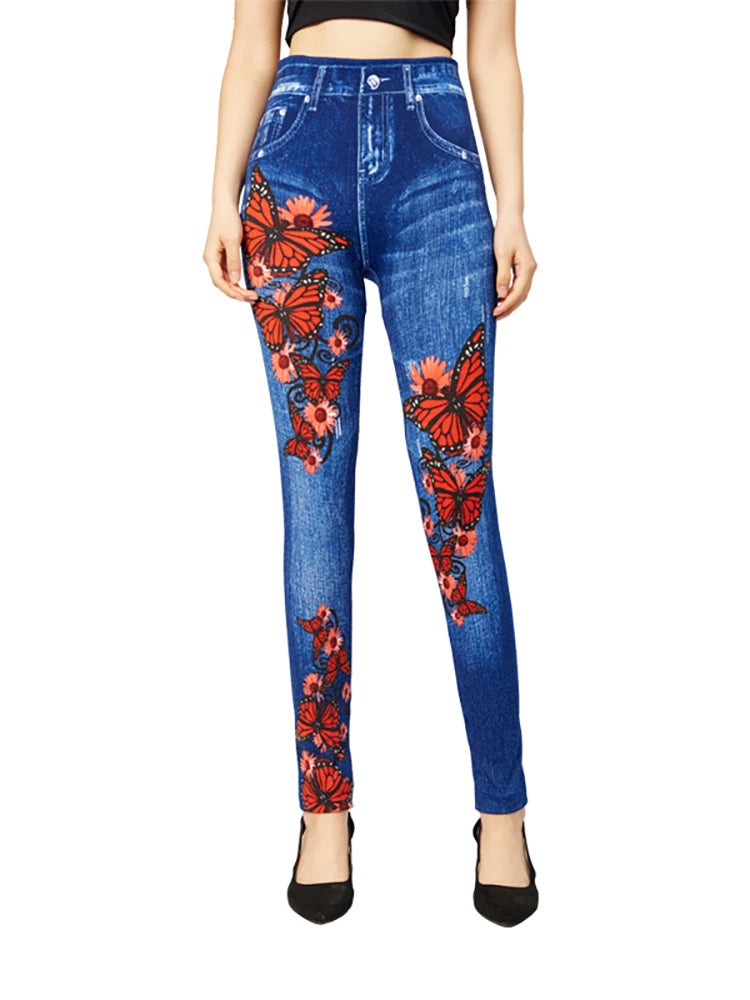 A pair of Butterfly Print High Waist Leggings featuring a geometric pattern. Made from a blend of polyester and spandex with high spandex content, perfect for all-season wear. Designed for middle-aged women. Ankle-length and high-waisted