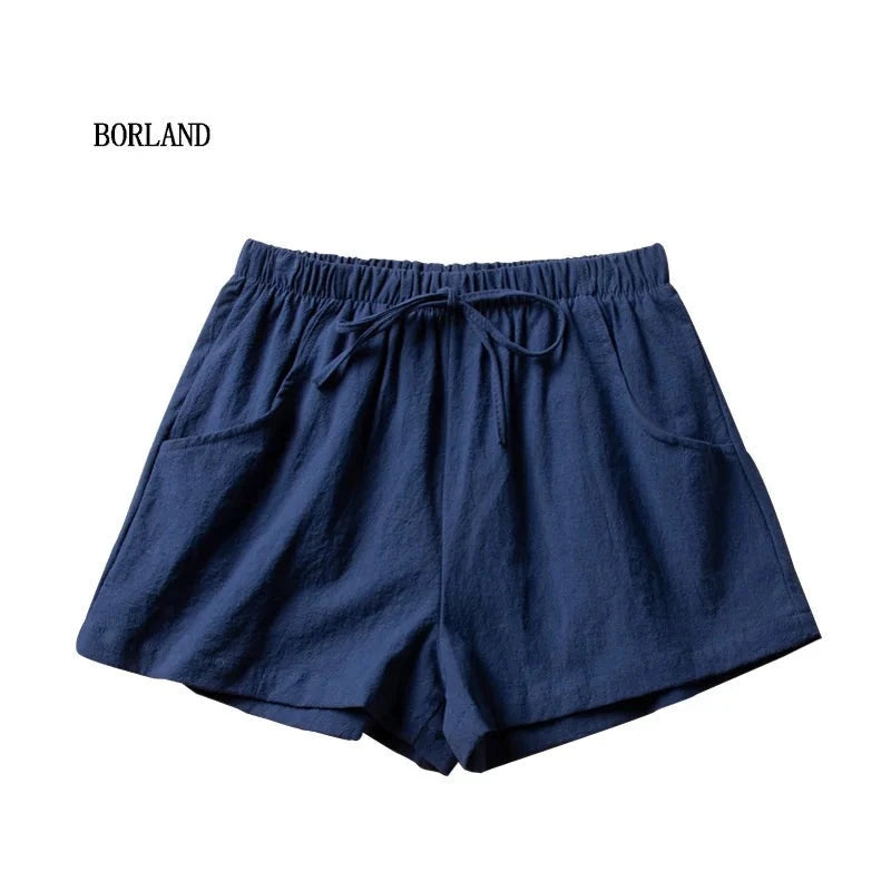 High-Waisted Casual Linen Shorts with bows, ribbons, sashes, and a distressed look, made from cotton-linen blend with an elastic waist, perfect for all-season wear.