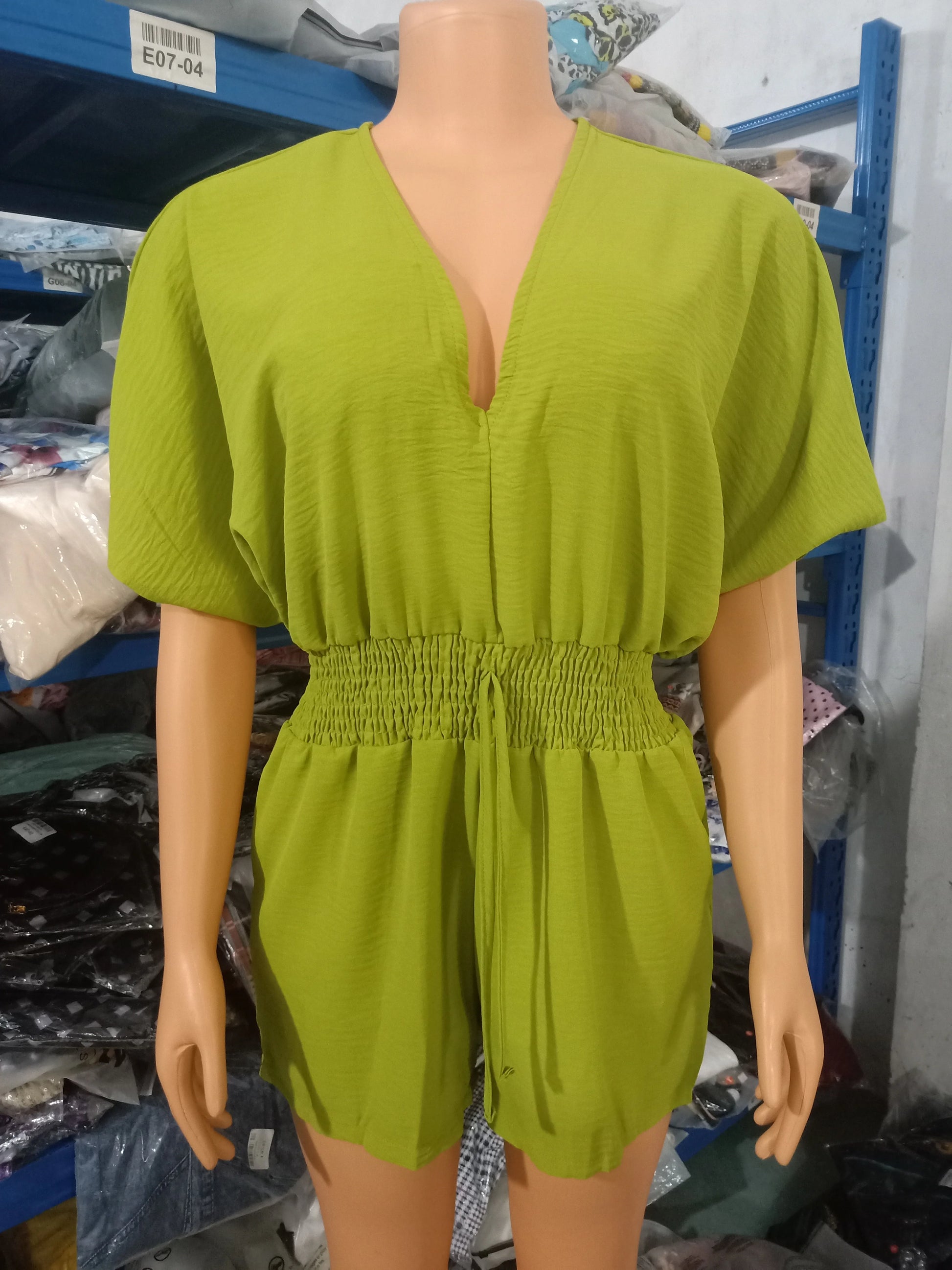 Summer Batwing Sleeve Jumpsuit in POLYESTER broadcloth, featuring a high street design, mid-waist, and pencil pants pattern. Loose fit with shirred decoration. Ideal summer fashion for women.