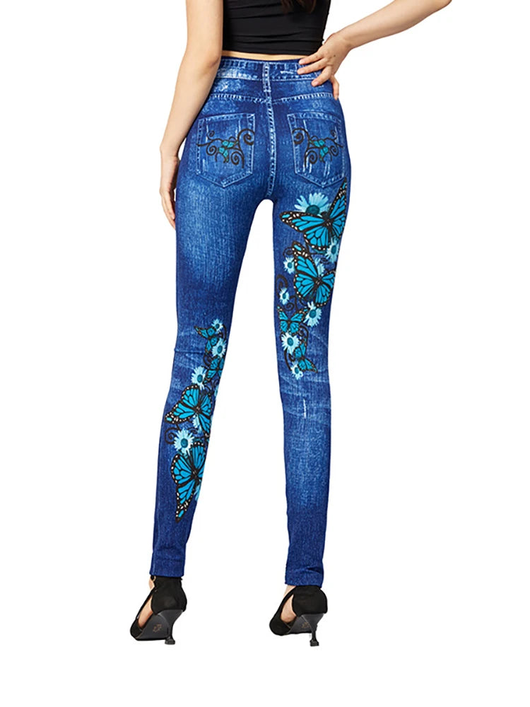 A pair of Butterfly Print High Waist Leggings featuring a geometric pattern. Made from a blend of polyester and spandex with high spandex content, perfect for all-season wear. Designed for middle-aged women. Ankle-length and high-waisted