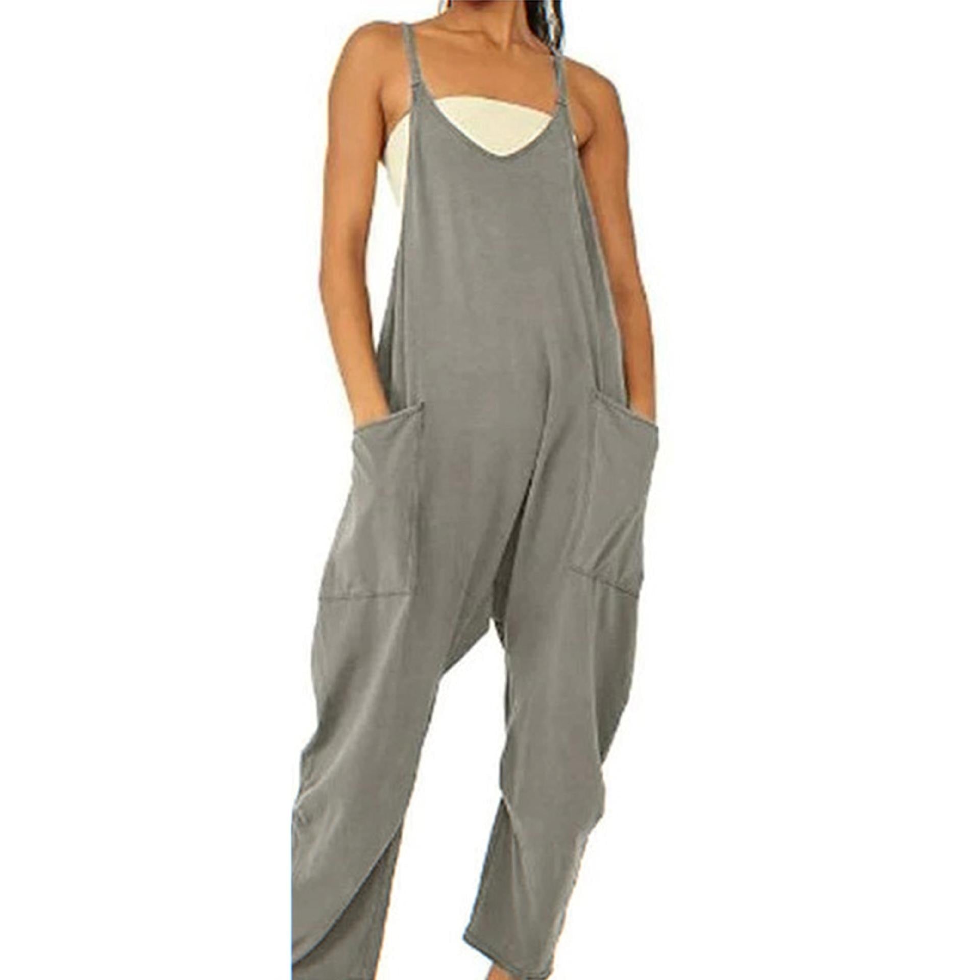 Women's Wide Leg Jumpsuit in solid patterns, loose fit, with pockets. Perfect for summer fashion. Available for women aged 18-24. Made from premium polyester fabric.