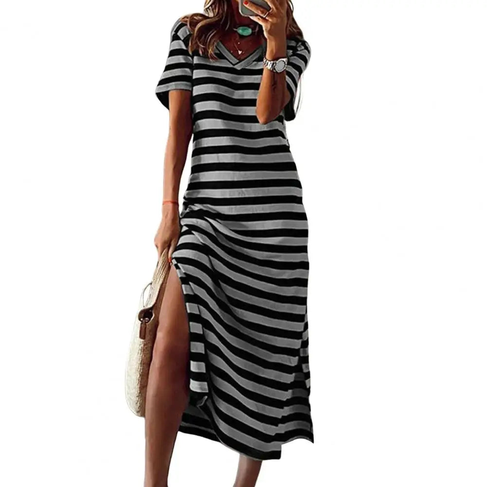 Plus Size Summer Maxi Dress with stripe print, V-neck, short sleeves, and mid-calf length – ideal for casual summer wear.