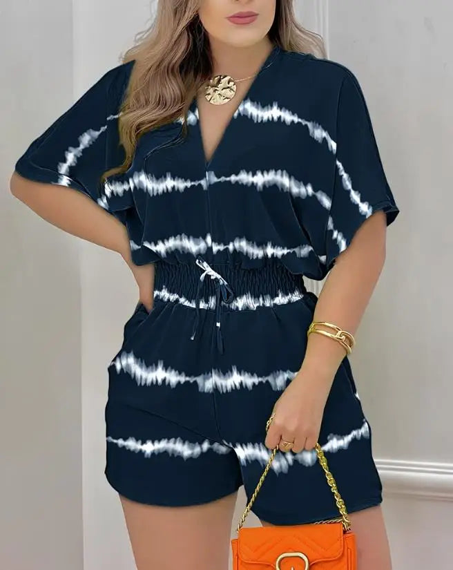Summer Batwing Sleeve Jumpsuit in POLYESTER broadcloth, featuring a high street design, mid-waist, and pencil pants pattern. Loose fit with shirred decoration. Ideal summer fashion for women.