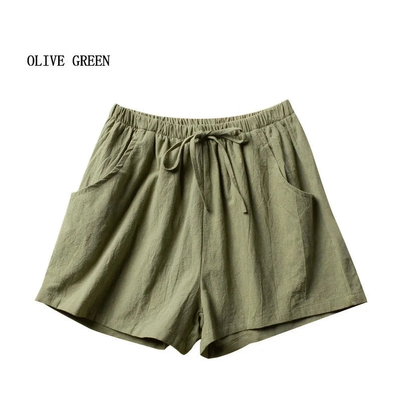 High-Waisted Casual Linen Shorts with bows, ribbons, sashes, and a distressed look, made from cotton-linen blend with an elastic waist, perfect for all-season wear.