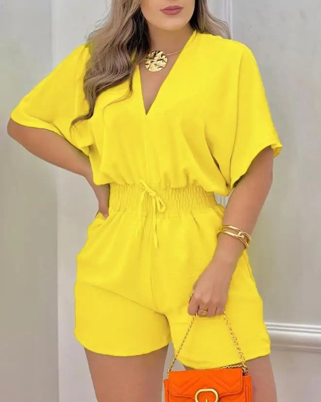 Summer Batwing Sleeve Jumpsuit in POLYESTER broadcloth, featuring a high street design, mid-waist, and pencil pants pattern. Loose fit with shirred decoration. Ideal summer fashion for women.