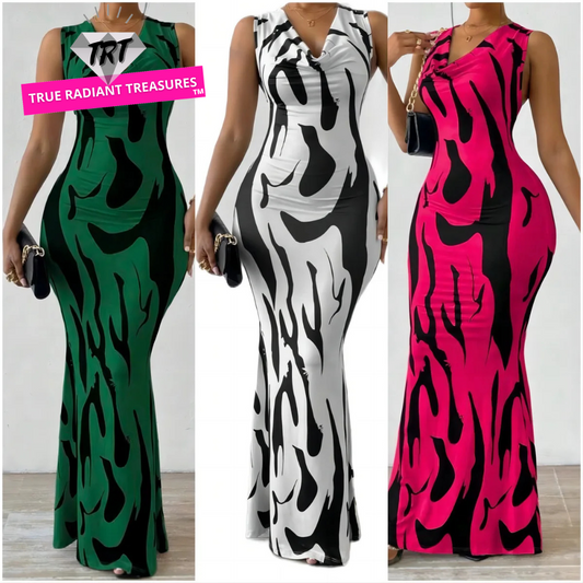 Woman wearing a sleeveless V-neck wrap midi dress with printed pattern, slim fit, ankle-length – elegant summer office style