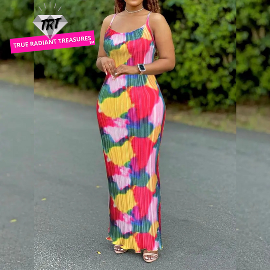 Woman wearing a colorful women's tie-dye spaghetti strap pleated bodycon dress with ankle-length slim fit – perfect for summer or beachwear.