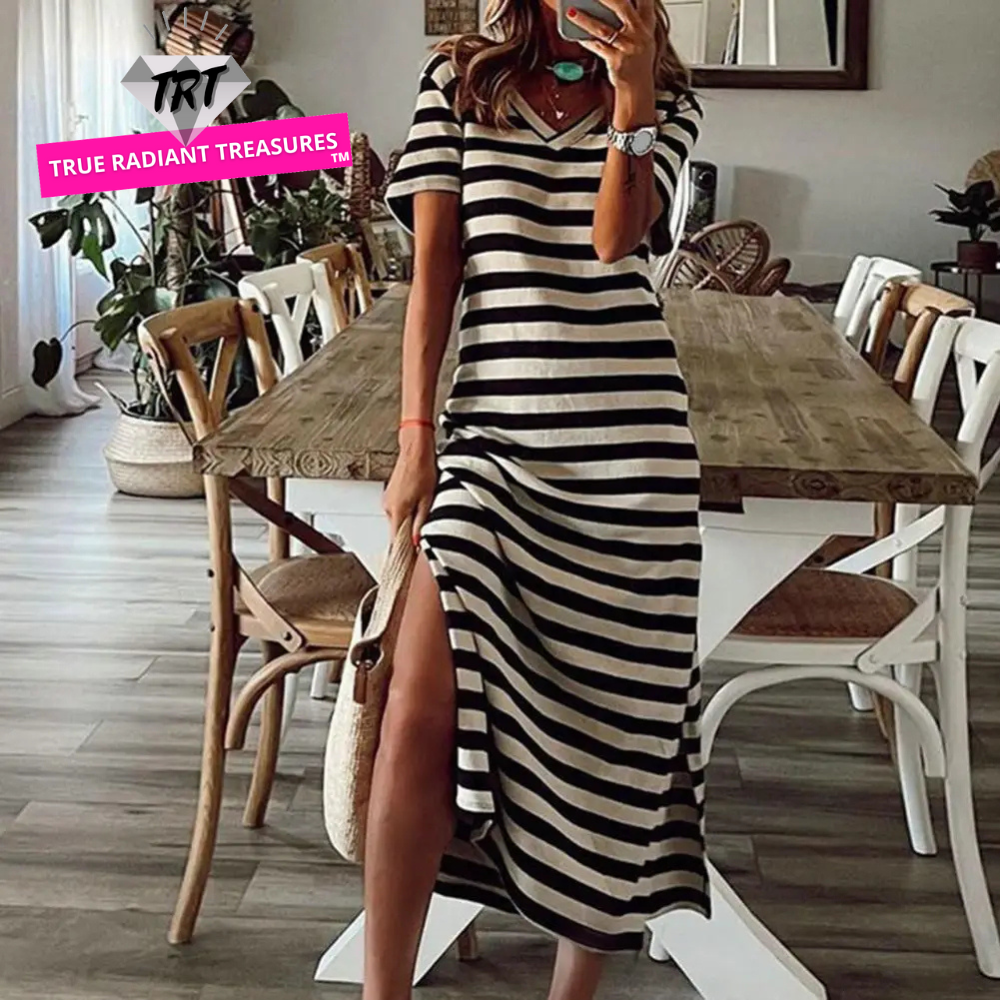 Plus Size Summer Maxi Dress with stripe print, V-neck, short sleeves, and mid-calf length – ideal for casual summer wear.

