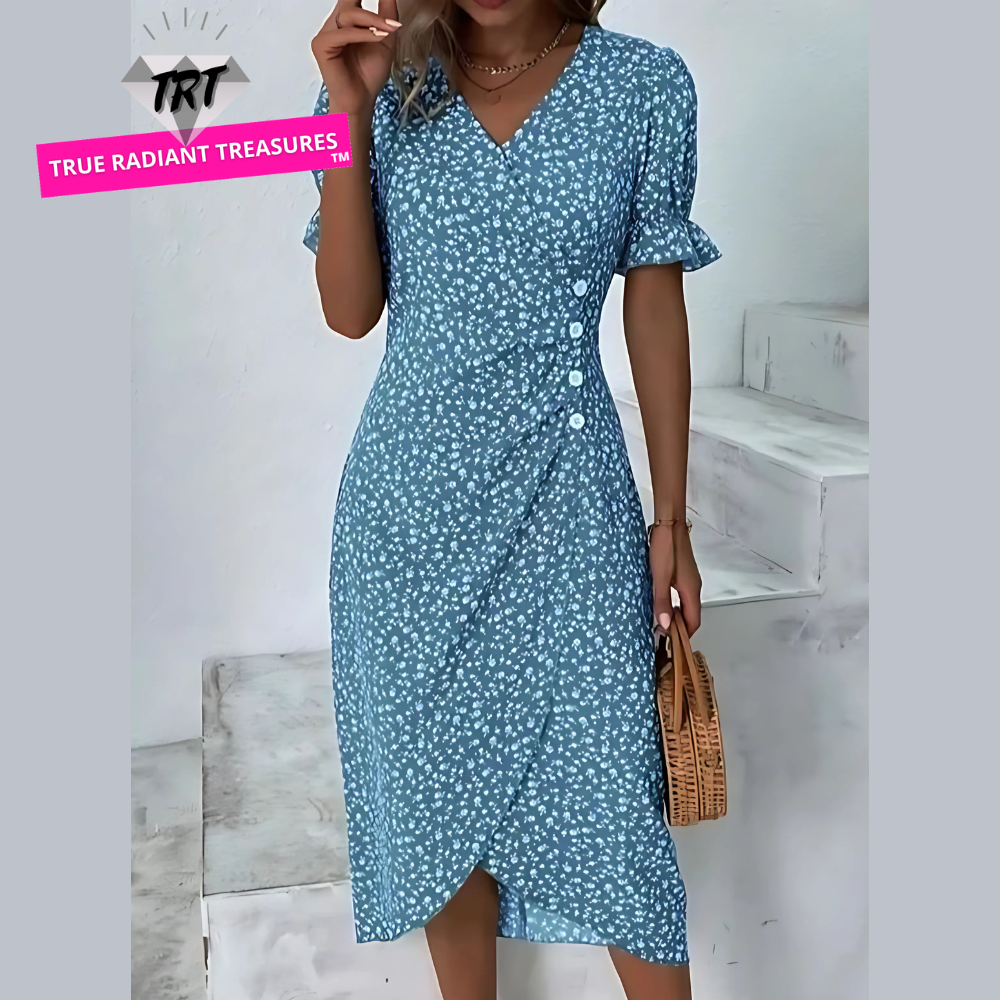 Woman wearing an elegant floral pleated V-neck midi dress with puff sleeves and button details – perfect summer outfit.