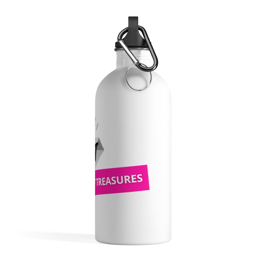 Stainless Steel Water Bottle - Lightweight, 14 oz capacity, plastic screw top, includes carabiner and keychain ring.