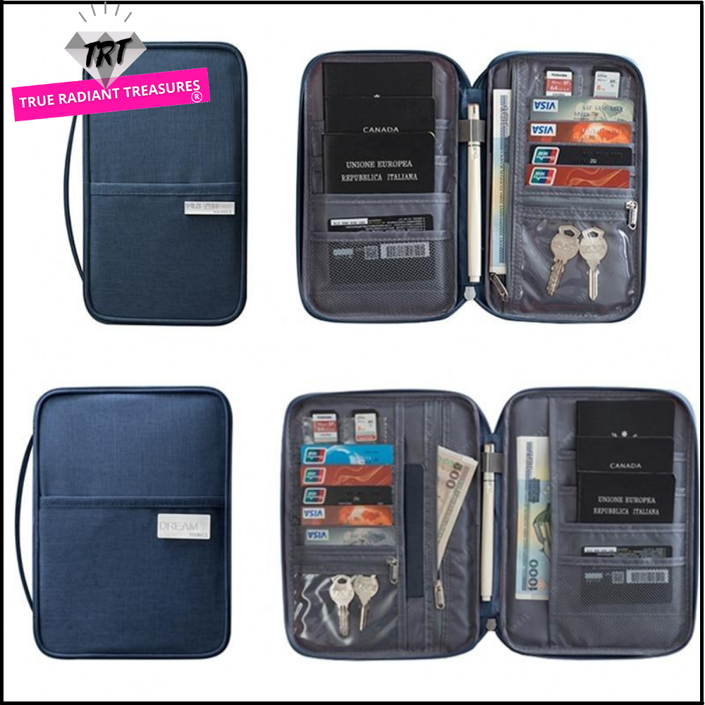 Waterproof Passport Holder - Durable oxford material, zipper closure, protects passport and cards during travel.