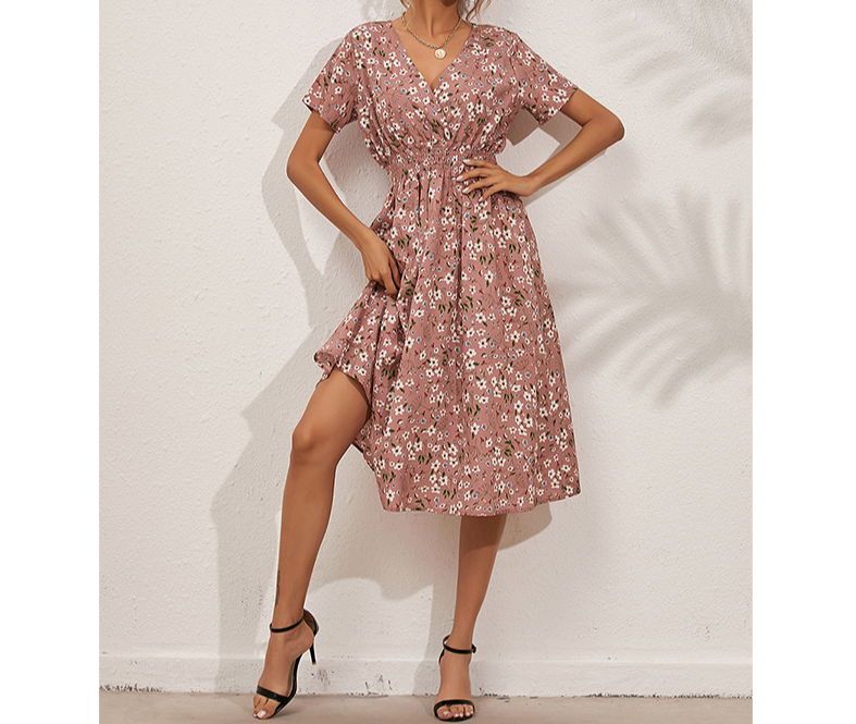 Floral v-neck chiffon dress - a perfect addition to your wardrobe with its bright floral print and A-line silhouette.