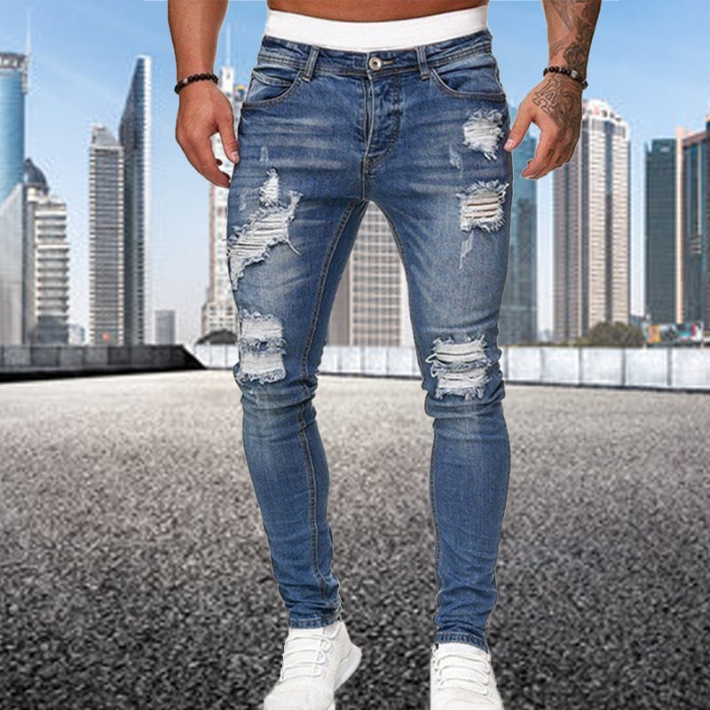 Men's Fashion Street Style Ripped Skinny Jeans with stonewashed and distressed details. Perfect for spring and autumn street style.
