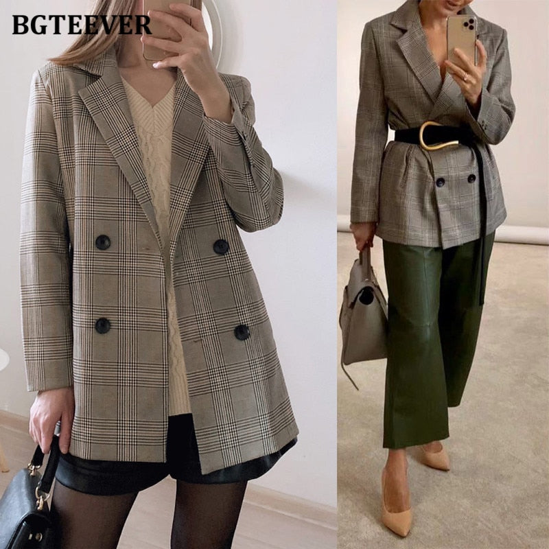 Notched Collar Plaid Blazer - Fashionable and comfortable for job interviews and cold weather. Versatile overcoat for office wear. Perfect for any occasion. A must-have wardrobe essential!