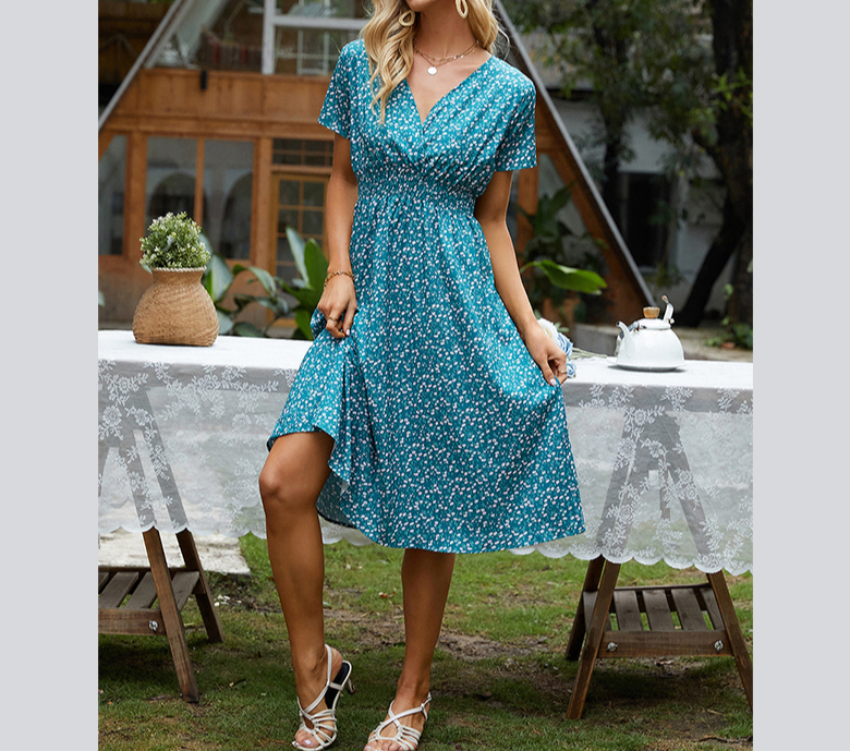 Floral v-neck chiffon dress - a perfect addition to your wardrobe with its bright floral print and A-line silhouette.
