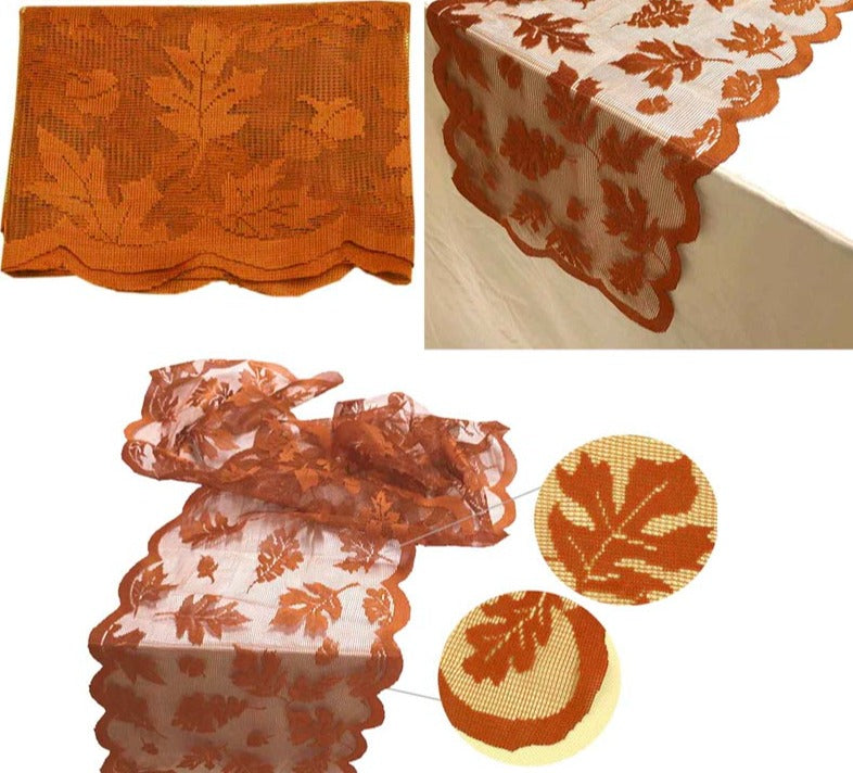 Maple Leaf Lace Table Decor, a stunning centerpiece for Thanksgiving, featuring intricate lace design inspired by autumn leaves.